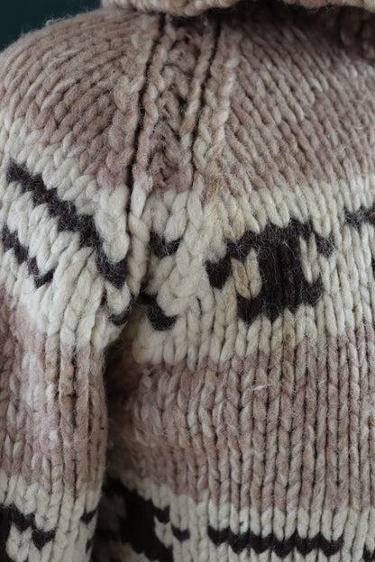 Vintage 1960s 60s hand knitted cream brown thick wool cowichan sweater cardigan jumper knit Lightning zipper shawl collar 38” chest