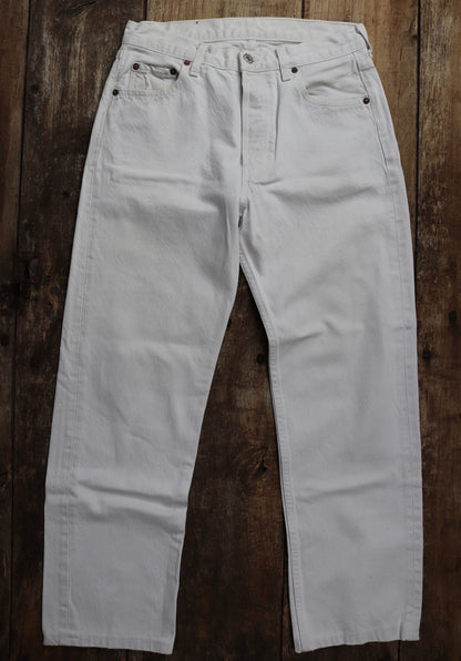 Vintage 1990s white denim Levis 501 jeans - Levi Strauss red tab - small e - 29” x 28” - made in France