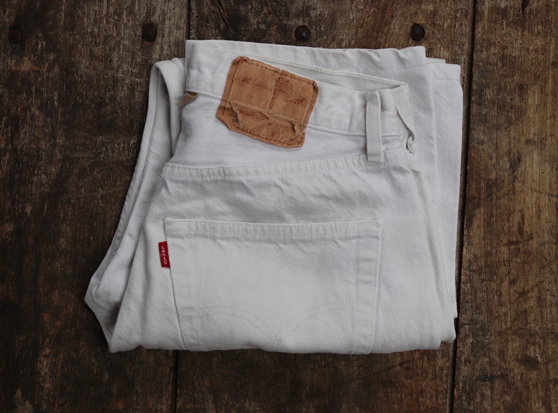 Vintage 1990s white denim Levis 501 jeans - Levi Strauss red tab - small e - 29” x 28” - made in France