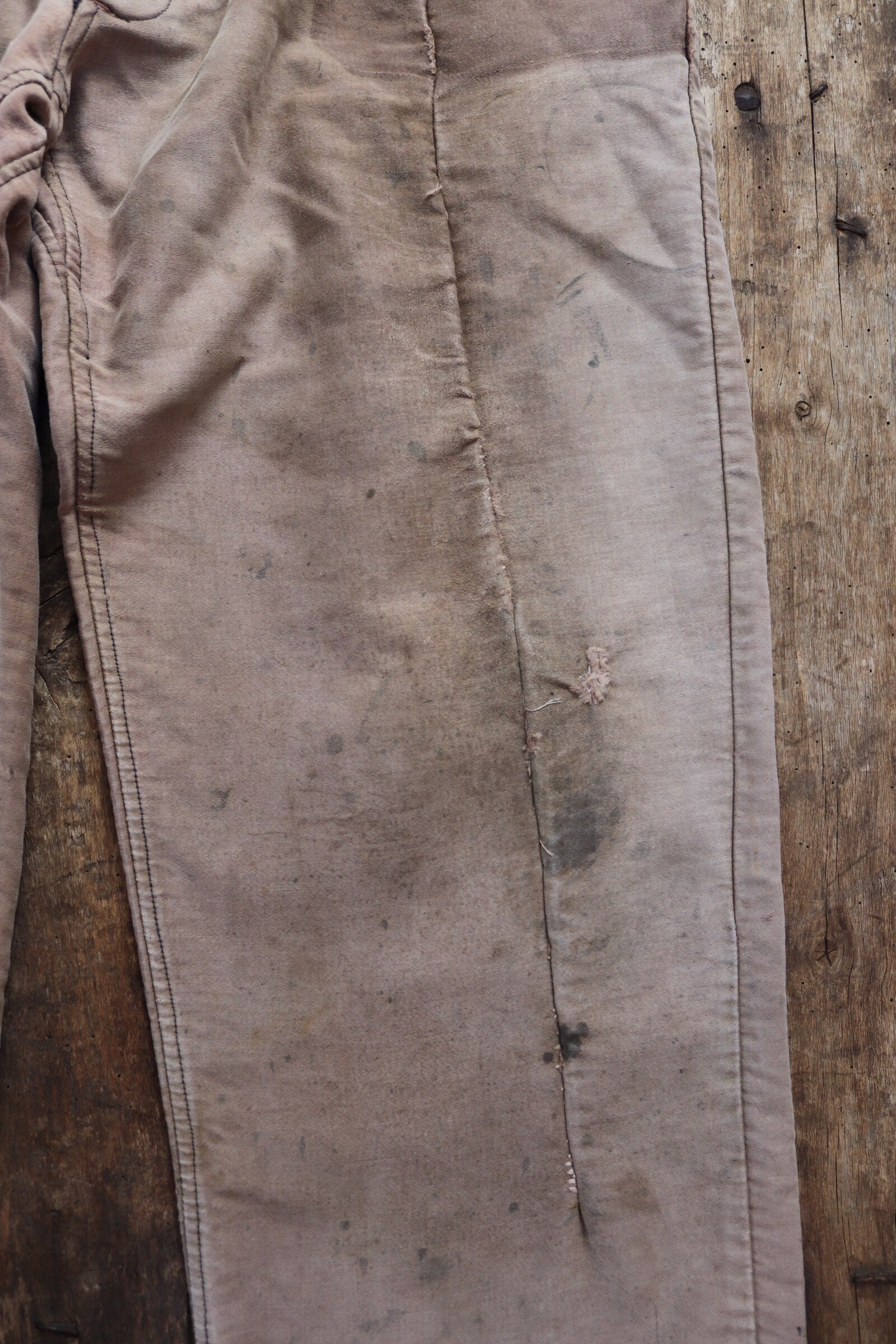 Vintage 1950s French workwear dungarees overalls Le Mont St Michel brown moleskin work chore patched repaired darned 40” 41” 42” x 28”