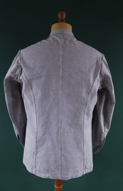 Vintage French work jacket 1960s 1970s puppytooth dogtooth blue white check butchers double breasted workwear chore 44" chest