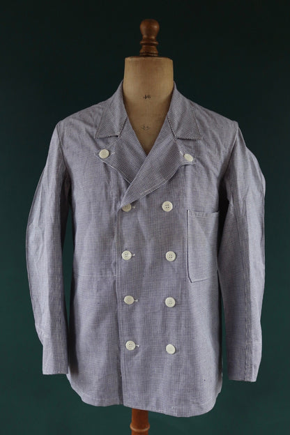 Vintage French work jacket 1960s 1970s puppytooth dogtooth blue white check butchers double breasted workwear chore 44" chest