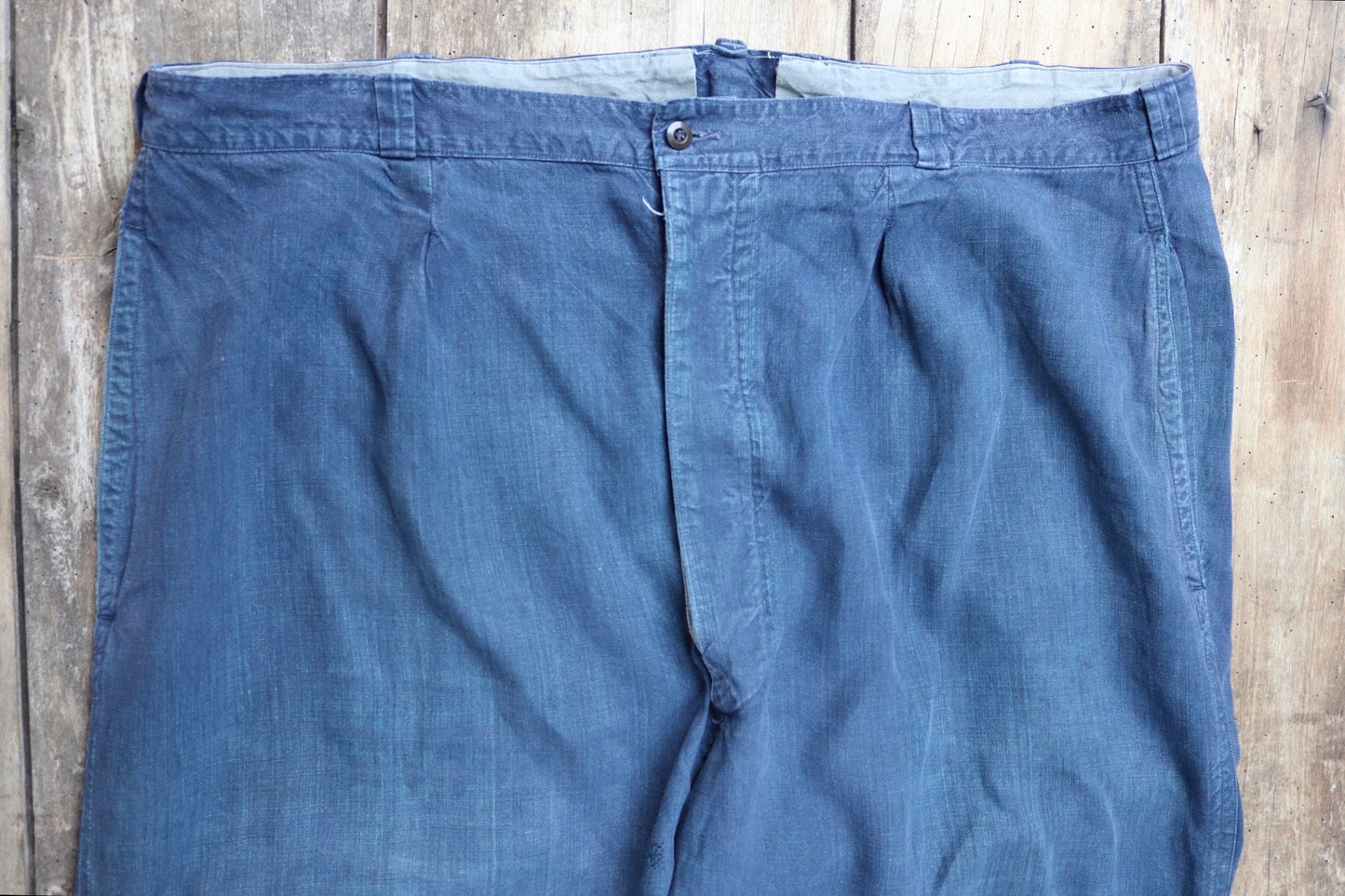 Vintage French work trousers pants linen 1930s 1940s indigo maquignon workwear chore repaired darned 45” x 32”