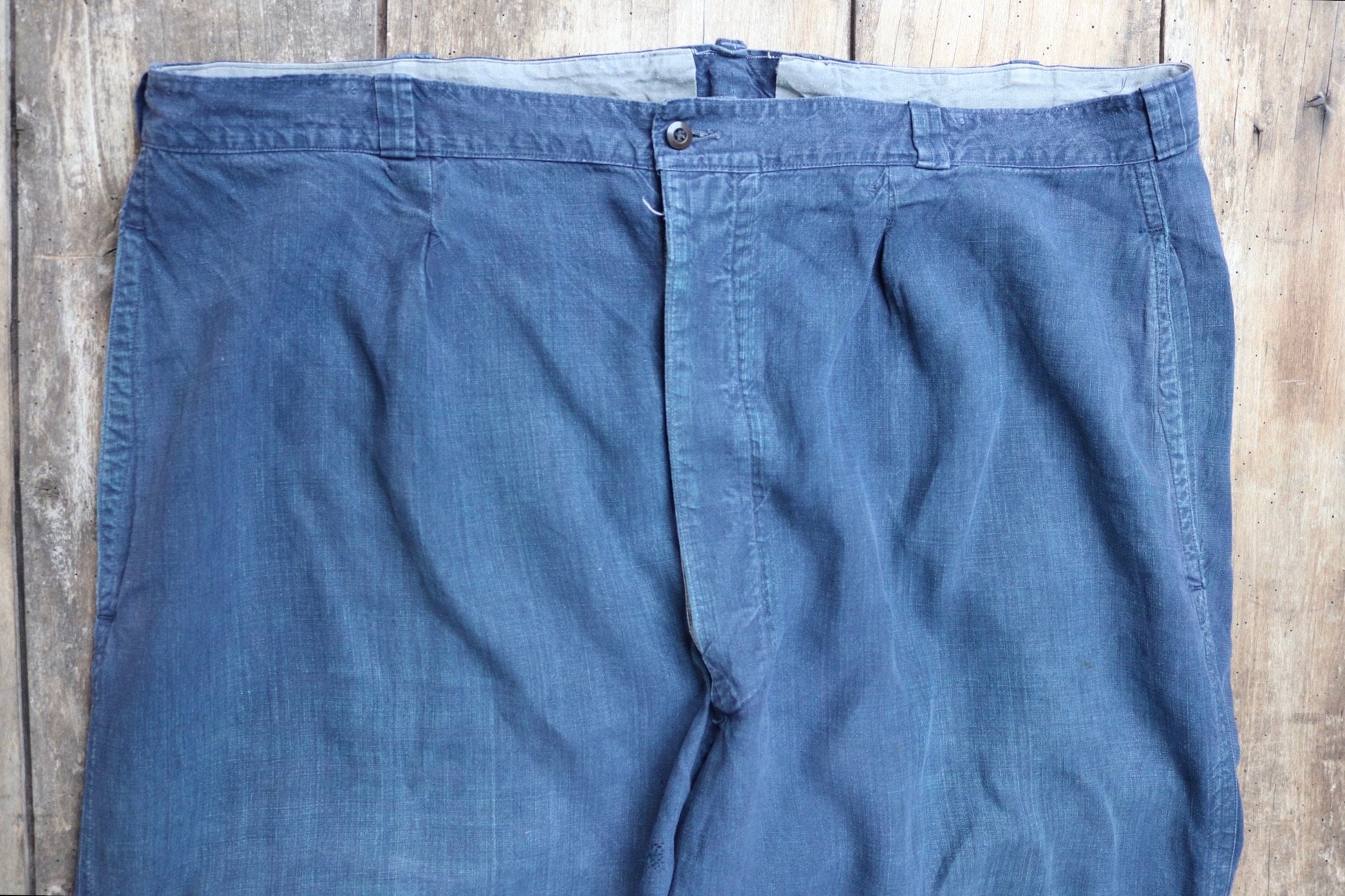 Vintage French work trousers pants linen 1930s 1940s indigo maquignon workwear chore repaired darned 45” x 32”