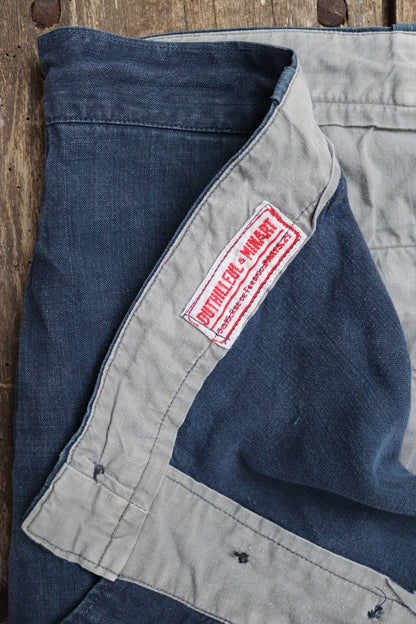 Vintage French linen workwear trousers pants 1930s 1940s indigo maquignon work chore repaired darned 44” x 34”