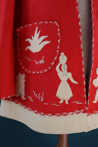 Vintage 1940s 40s red white wool felt La Mexicana Mexican souvenir tourist jacket novelty hand embroidered 40” chest