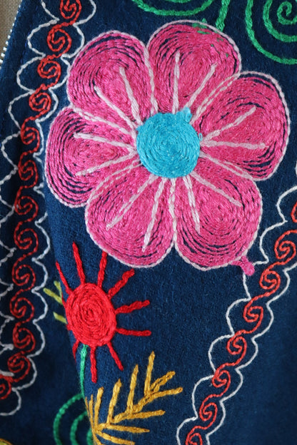 Vintage 1960s embroidered hippy poncho - hooded cape - blue wool cloak with tassels - Wooodstock