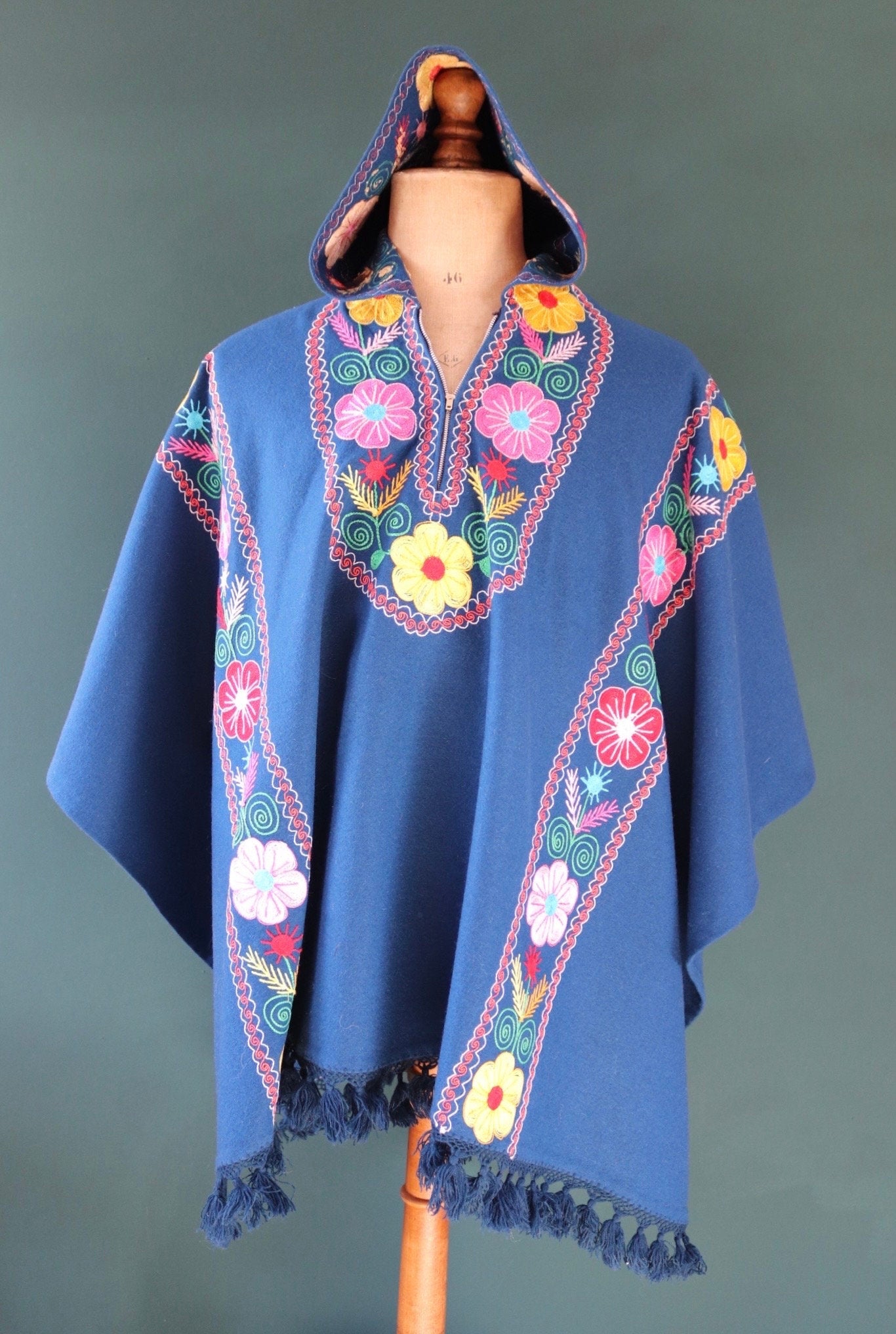 Vintage 1960s embroidered hippy poncho - hooded cape - blue wool cloak with tassels - Wooodstock