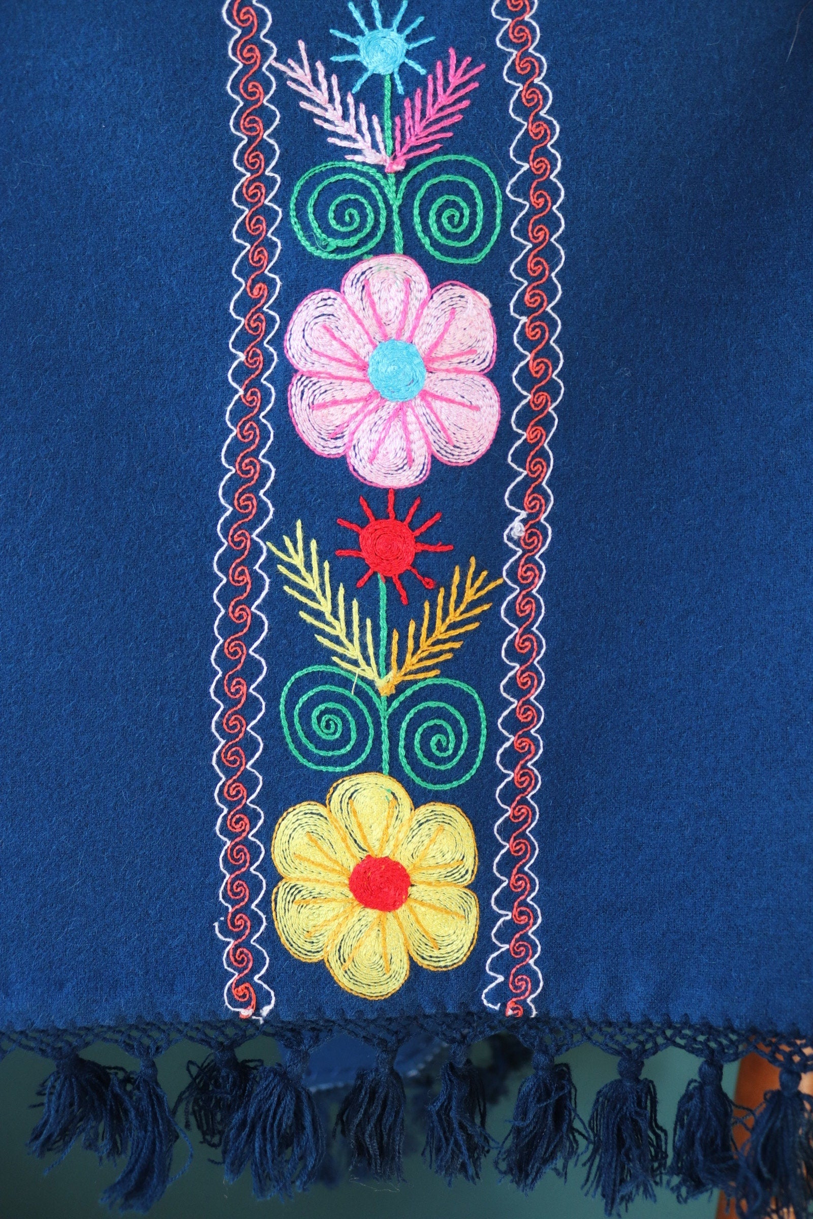 Vintage 1960s 60s blue wool hooded cloak poncho cape novelty embroidered tassels hippy Wooodstock