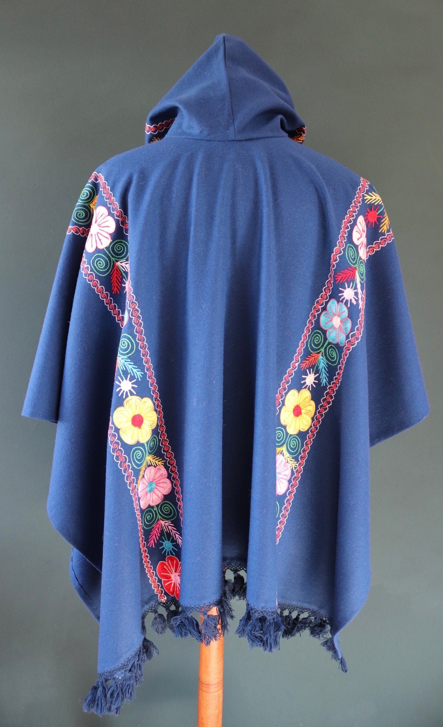 Vintage 1960s embroidered hippy poncho - hooded cape - blue wool cloak with tassels - Wooodstock