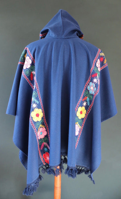 Vintage 1960s embroidered hippy poncho - hooded cape - blue wool cloak with tassels - Wooodstock