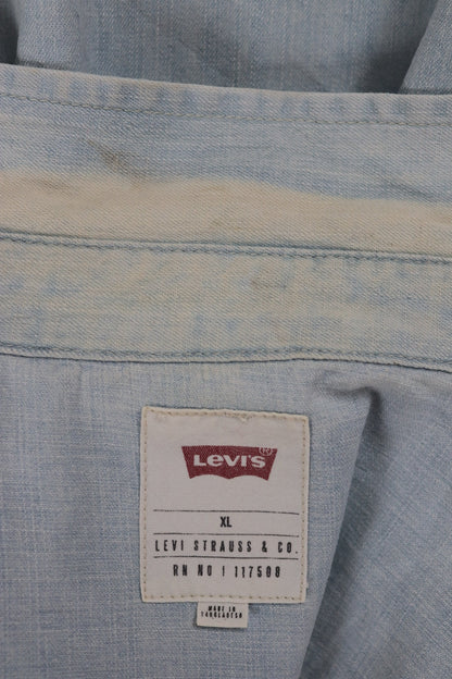 Vintage Levis Levi Strauss pale blue chambray denim shirt cowboy western 47" chest red tab pearl snap