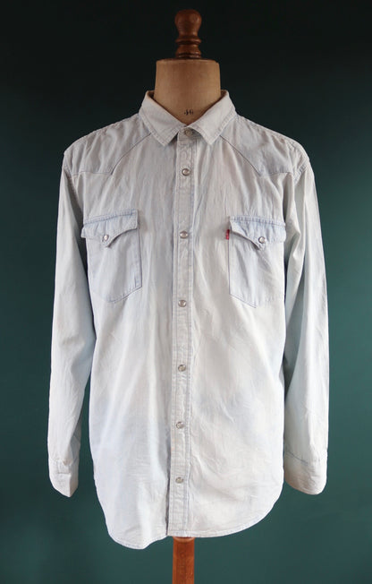 Vintage Levis Levi Strauss pale blue chambray denim shirt cowboy western 47" chest red tab pearl snap