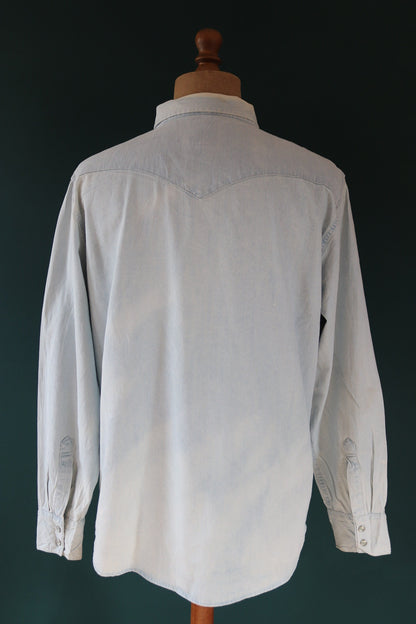 Vintage Levis Levi Strauss pale blue chambray denim shirt cowboy western 47" chest red tab pearl snap