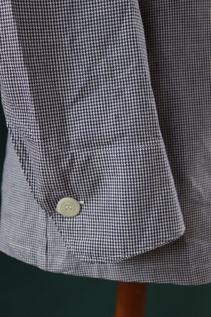 Vintage French work jacket 1960s 1970s puppytooth dogtooth blue white check butchers double breasted workwear chore 44" chest