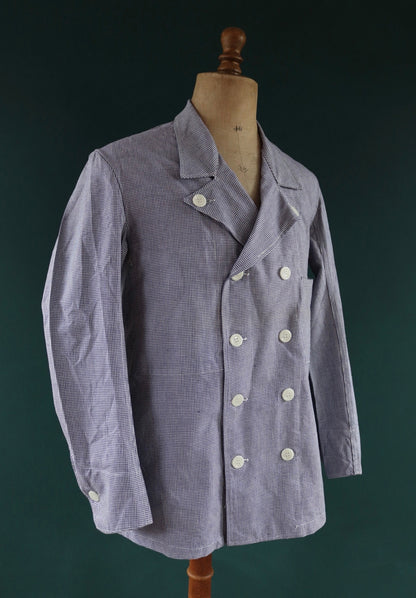 Vintage French work jacket 1960s 1970s puppytooth dogtooth blue white check butchers double breasted workwear chore 44" chest