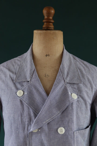 Vintage French work jacket 1960s 1970s puppytooth dogtooth blue white check butchers double breasted workwear chore 44" chest