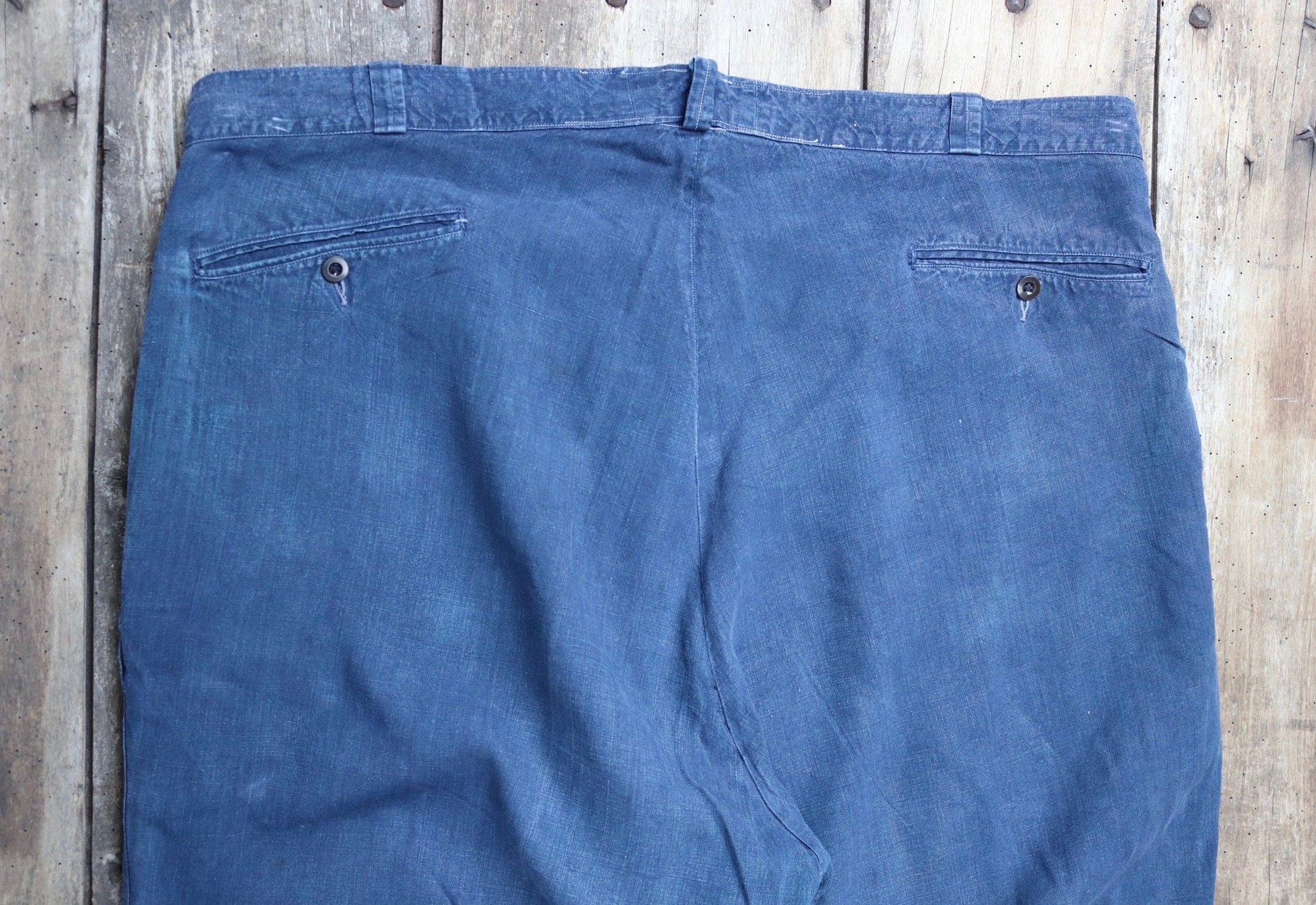 Vintage French work trousers pants linen 1930s 1940s indigo maquignon workwear chore repaired darned 45” x 32”