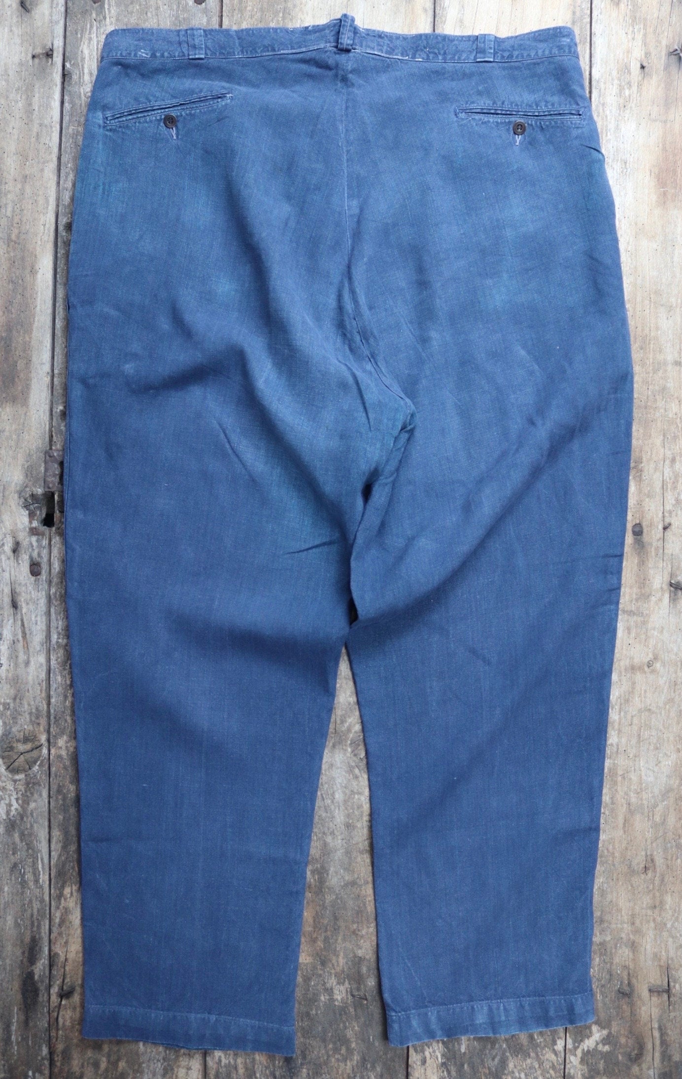 Vintage French work trousers pants linen 1930s 1940s indigo maquignon workwear chore repaired darned 45” x 32”
