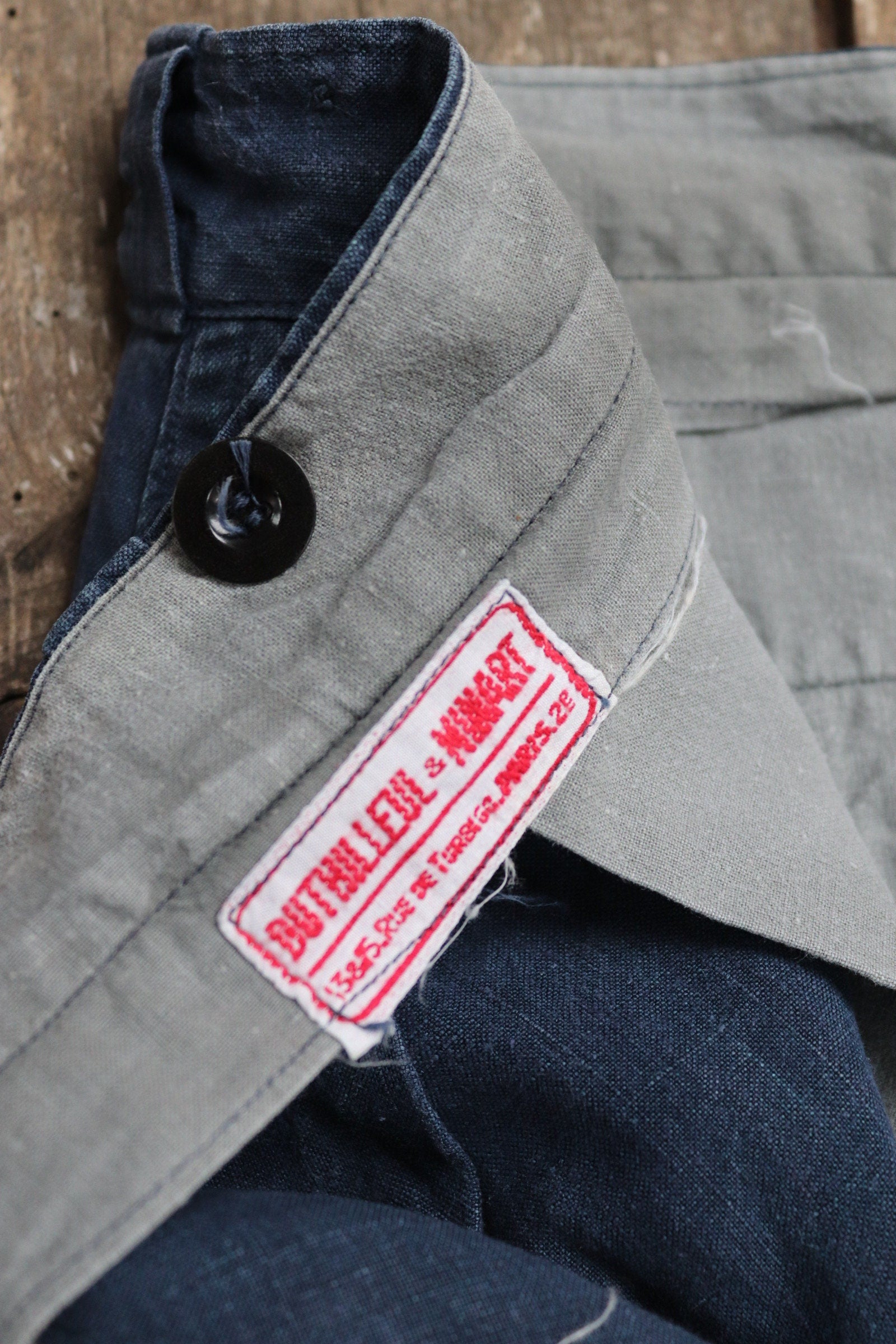 Vintage French work trousers pants linen 1930s 1940s indigo maquignon workwear chore repaired darned 45” x 32”