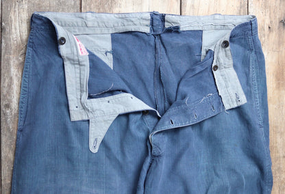 Vintage French work trousers pants linen 1930s 1940s indigo maquignon workwear chore repaired darned 45” x 32”