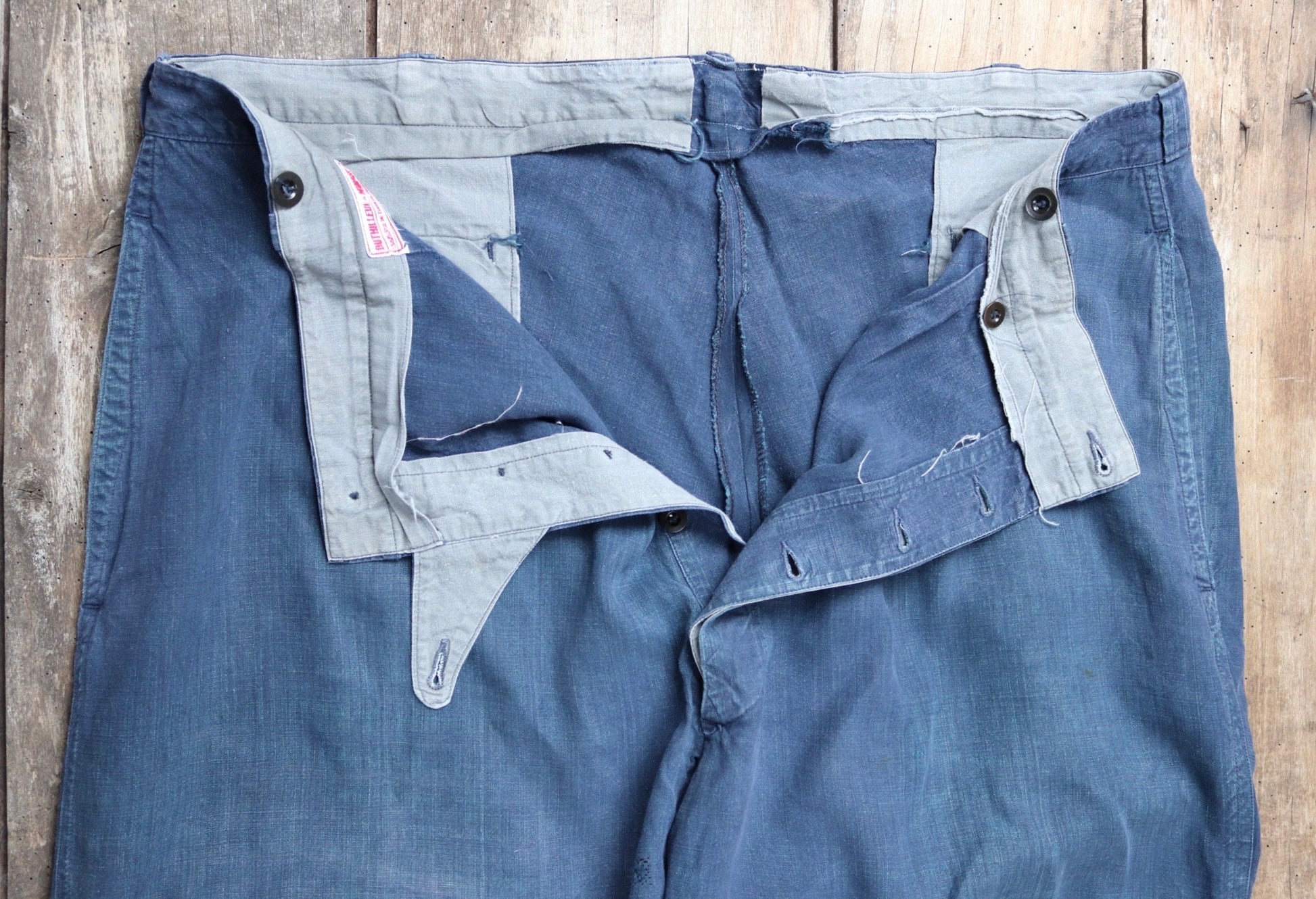 Vintage French workwear trousers - 1930s 40s linen chore pants - antique maquignon - repaired and darned - 45” x 32”