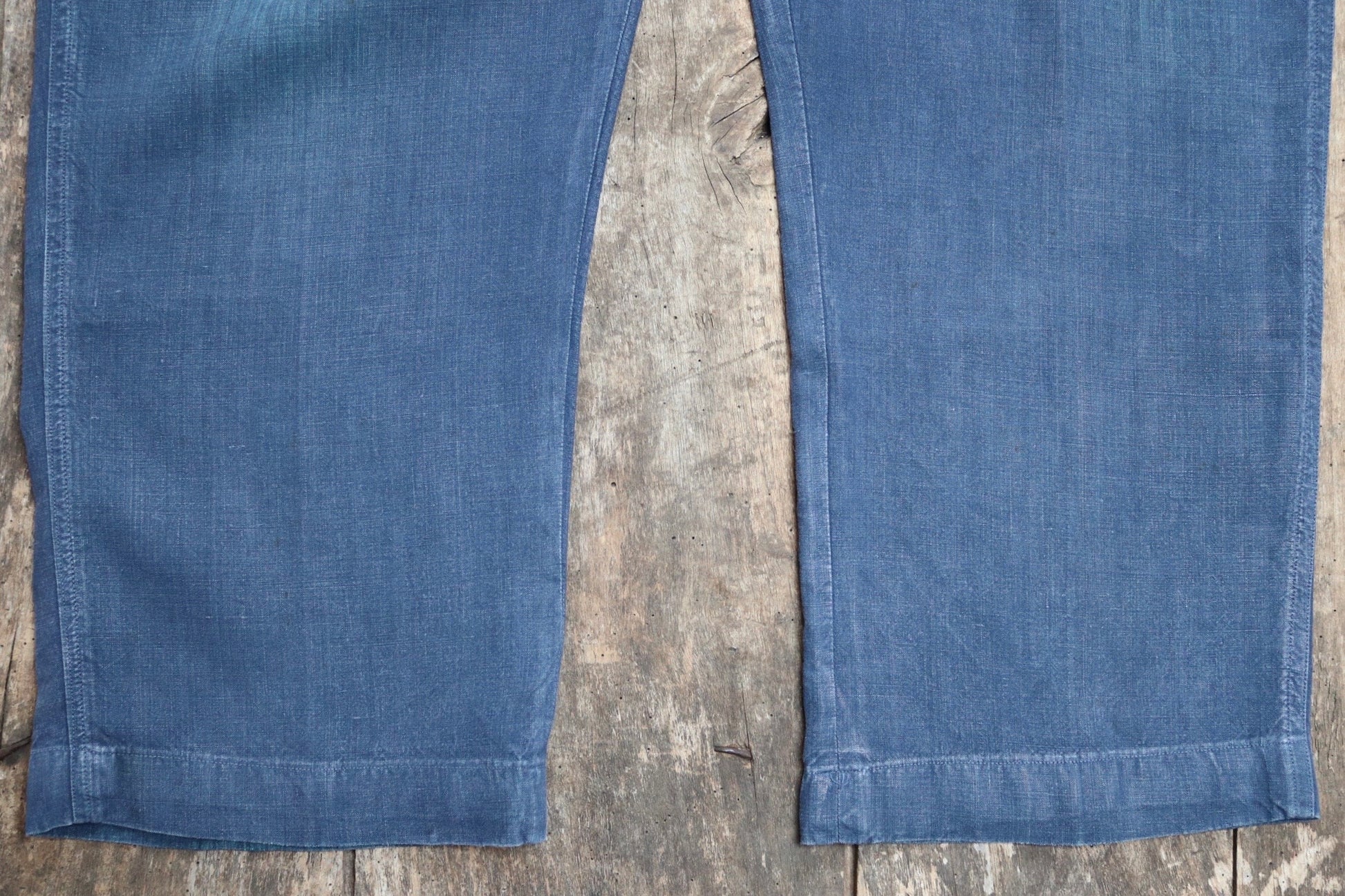 Vintage French work trousers pants linen 1930s 1940s indigo maquignon workwear chore repaired darned 45” x 32”