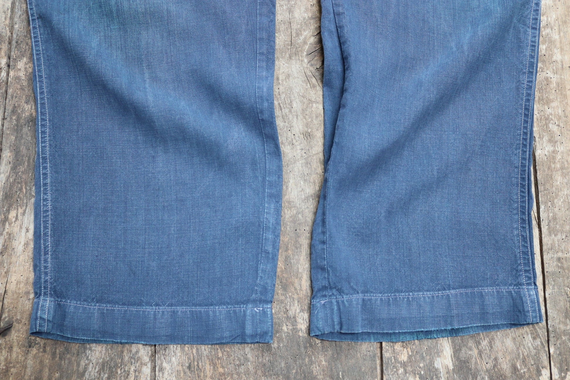 Vintage French linen workwear trousers pants 1930s 1940s indigo maquignon work chore repaired darned 44” x 34”