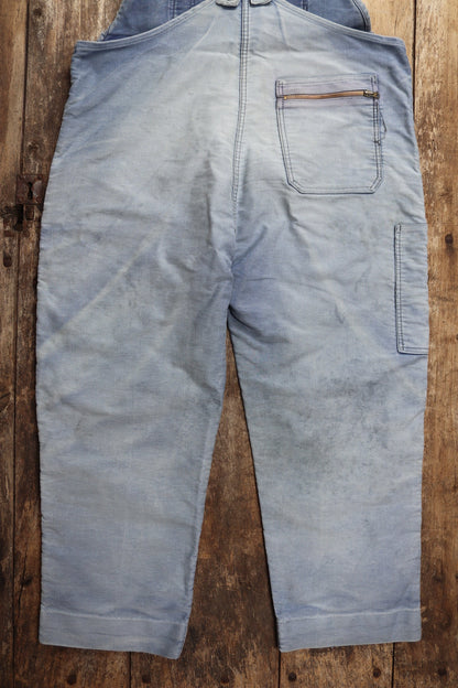 Vintage 1960s 1970s French dungarees blue moleskin overalls work chore workwear patched faded darned 40” 42” x 24”