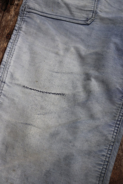 Vintage 1960s 1970s French dungarees blue moleskin overalls work chore workwear patched faded darned 40” 42” x 24”