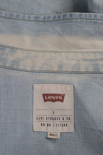 Vintage Levis Levi Strauss pale blue chambray denim shirt cowboy western 44" chest red tab pearl snap saw tooth
