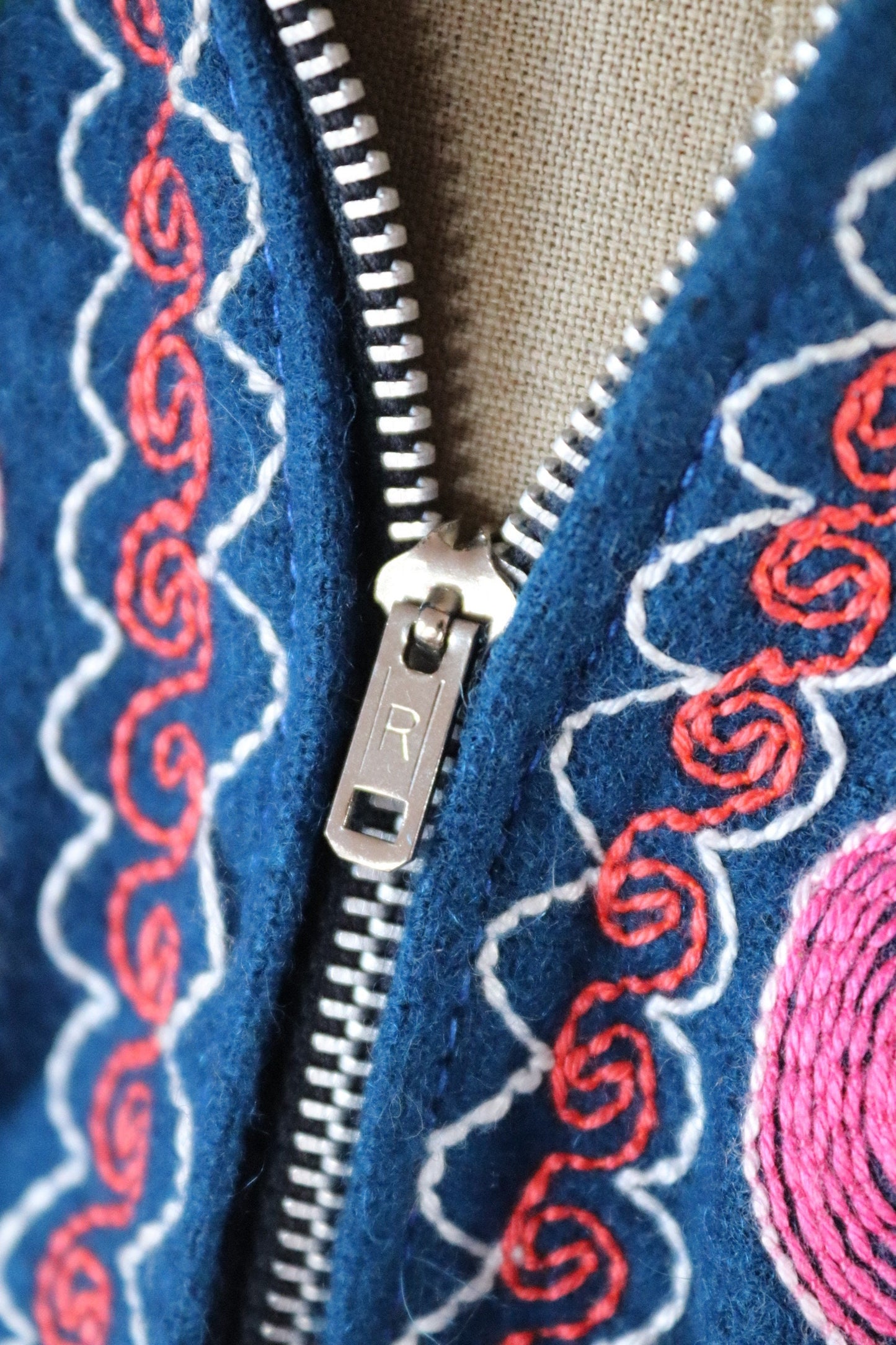 Vintage 1960s embroidered hippy poncho - hooded cape - blue wool cloak with tassels - Wooodstock