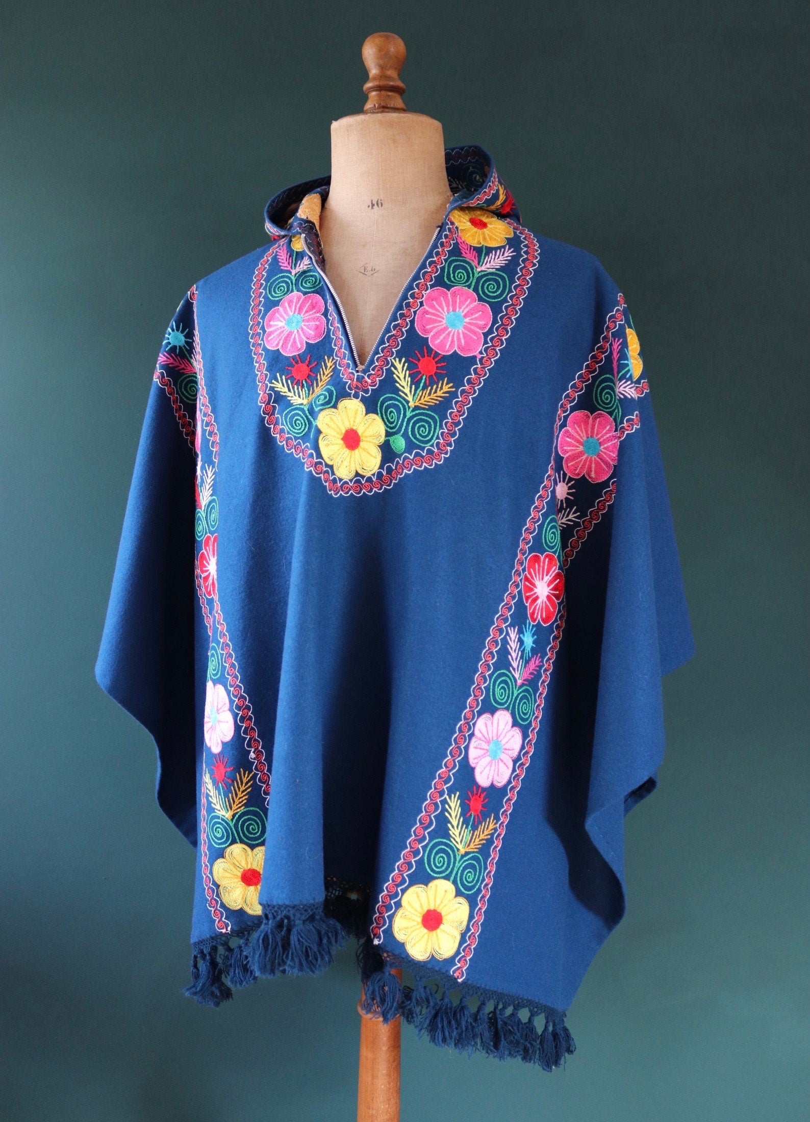 Vintage 1960s 60s blue wool hooded cloak poncho cape novelty embroidered tassels hippy Wooodstock