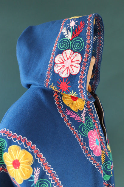 Vintage 1960s embroidered hippy poncho - hooded cape - blue wool cloak with tassels - Wooodstock