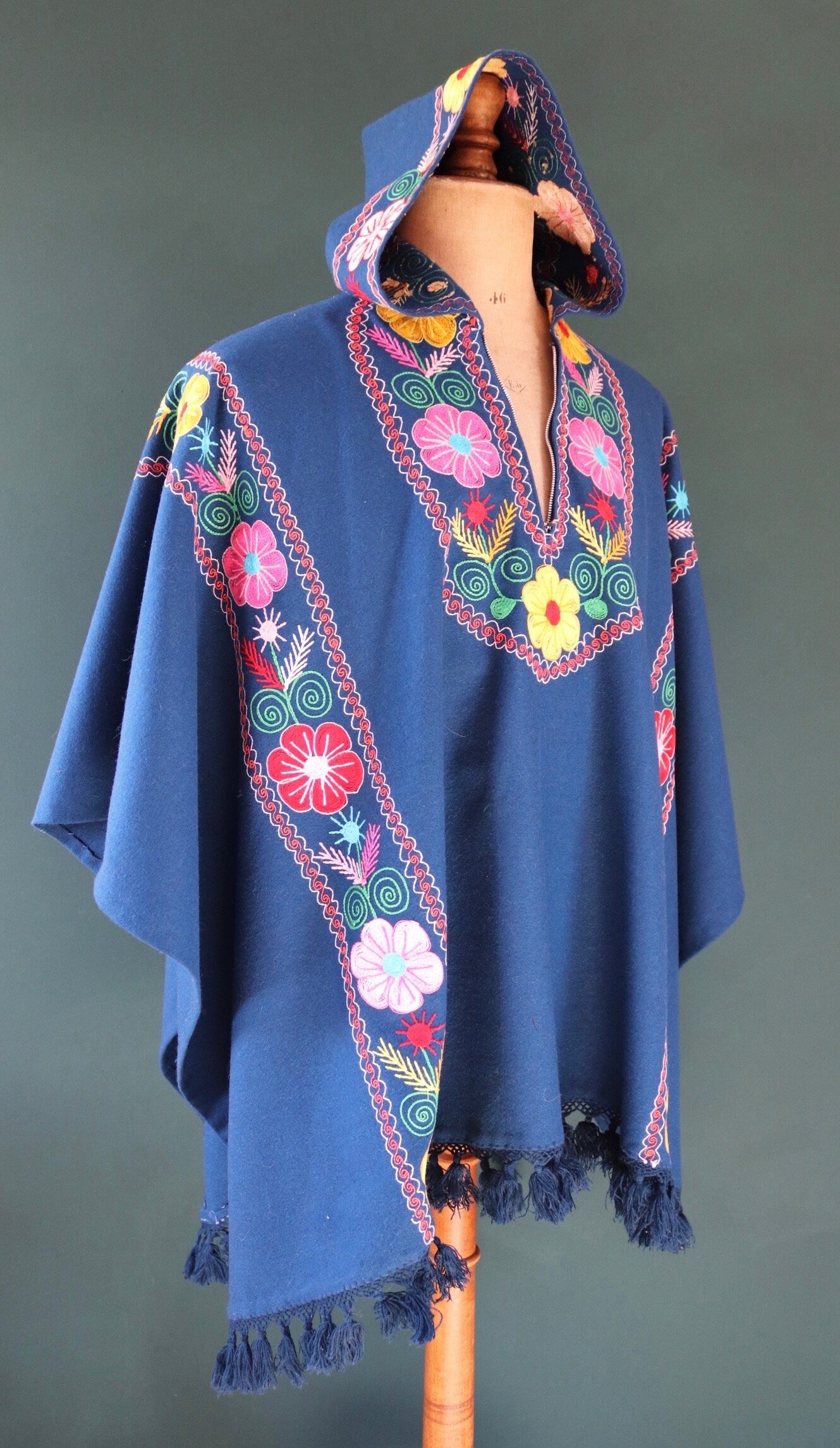 Vintage 1960s 60s blue wool hooded cloak poncho cape novelty embroidered tassels hippy Wooodstock