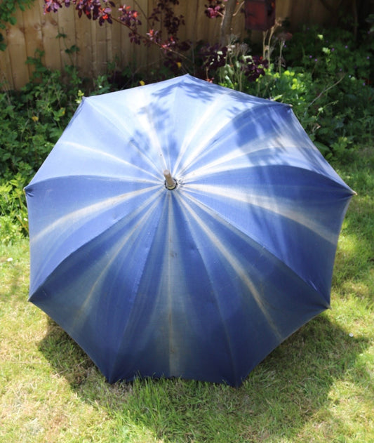 Vintage French garden parasol umbrella workwear 1920s 1930s shepherd sun faded indigo work chore farm patio