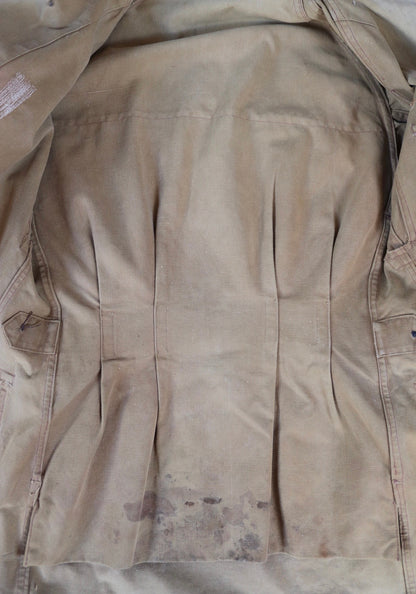Vintage 1920s French work jacket tan brown cotton hunting shooting workwear chore venery scene buttons 36” chest half belt