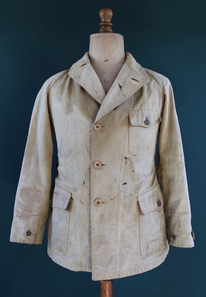 Vintage 1920s French workwear jacket - antique chore coat - half belt - 36" chest