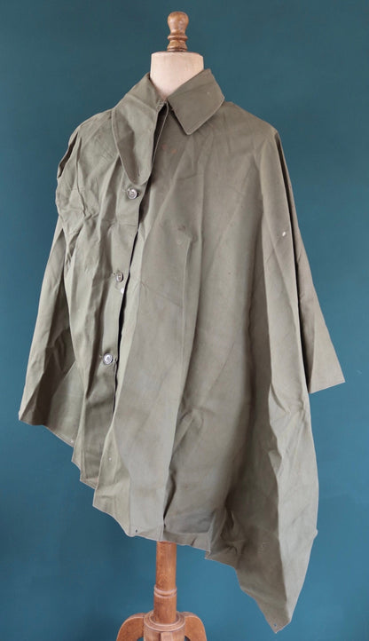 Vintage 1950s British army gas cape - waterproof poncho - rubberised cotton - khaki green - rainproof walking - size free