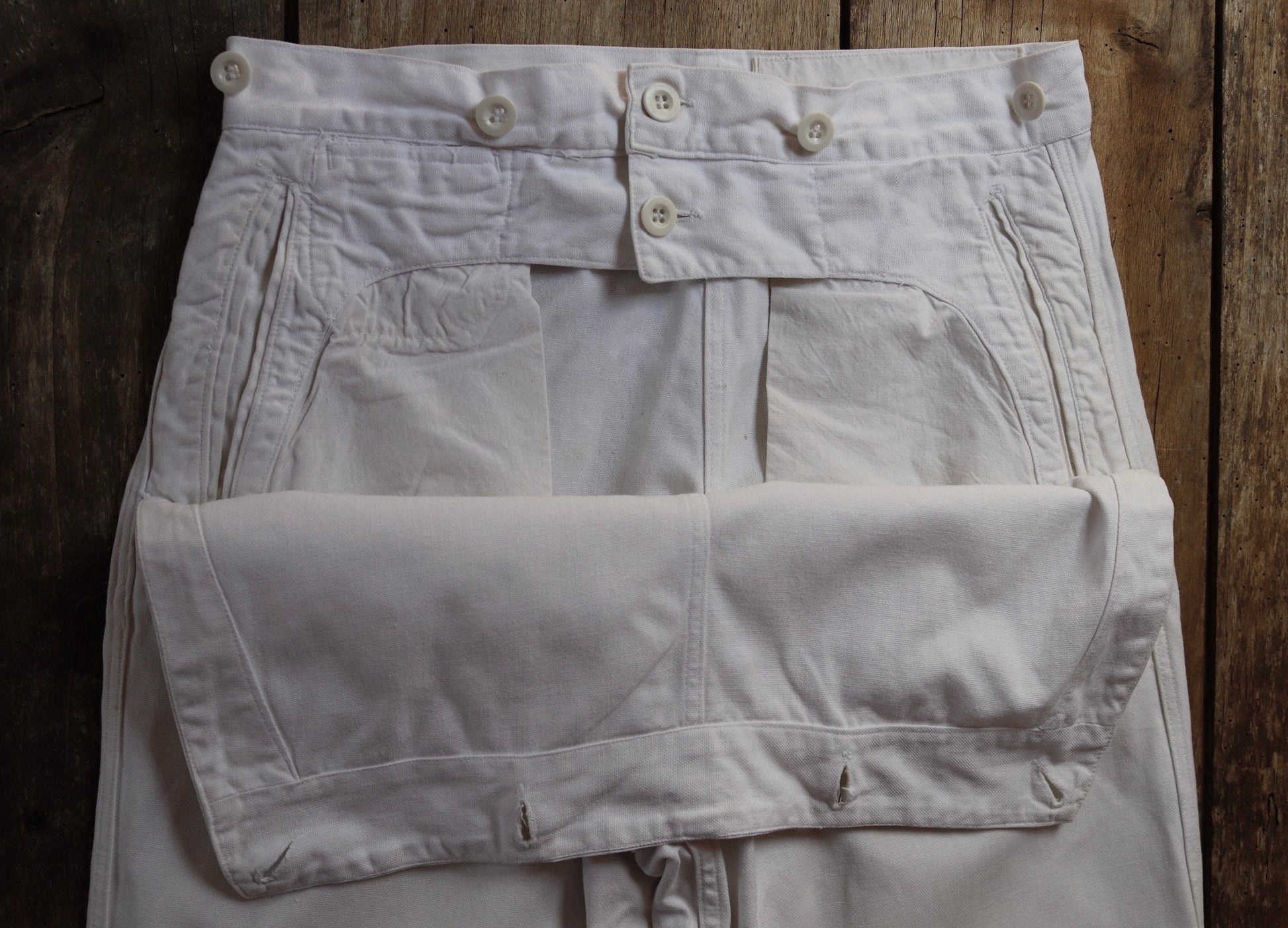 Vintage French white cotton trousers pants 1950s 1960s fall front wide leg Marine Nationale navy naval 31” x 28” riviera beach
