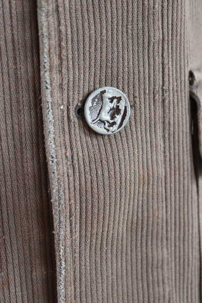 Vintage French workwear jacket 1960s 1970s grey taupe coutil pique corduroy hunting work 43” chest venery animal scene buttons