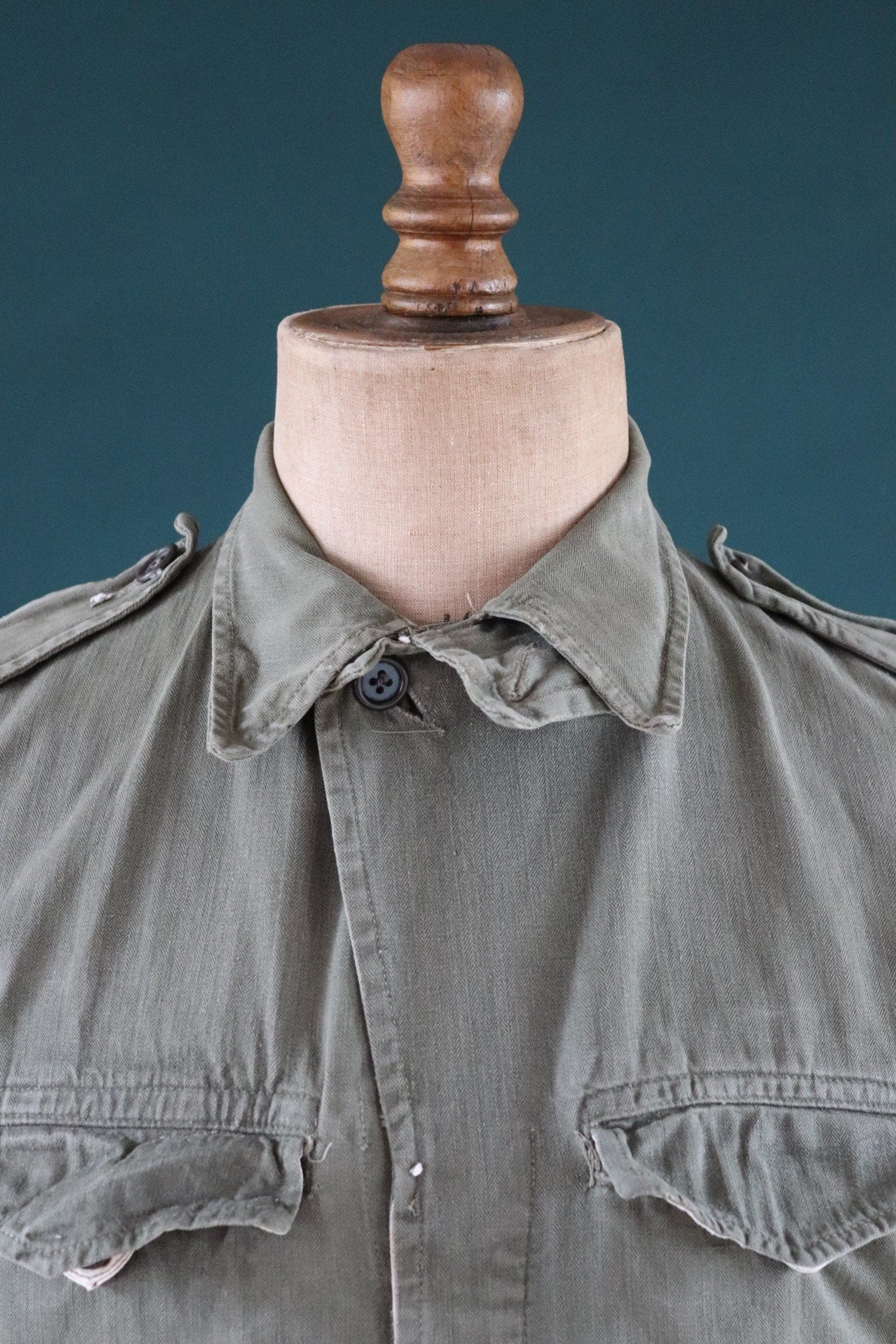 Vintage French army jacket 1950s M47 M 47 field utility military 41” chest khaki green HBT herringbone twill