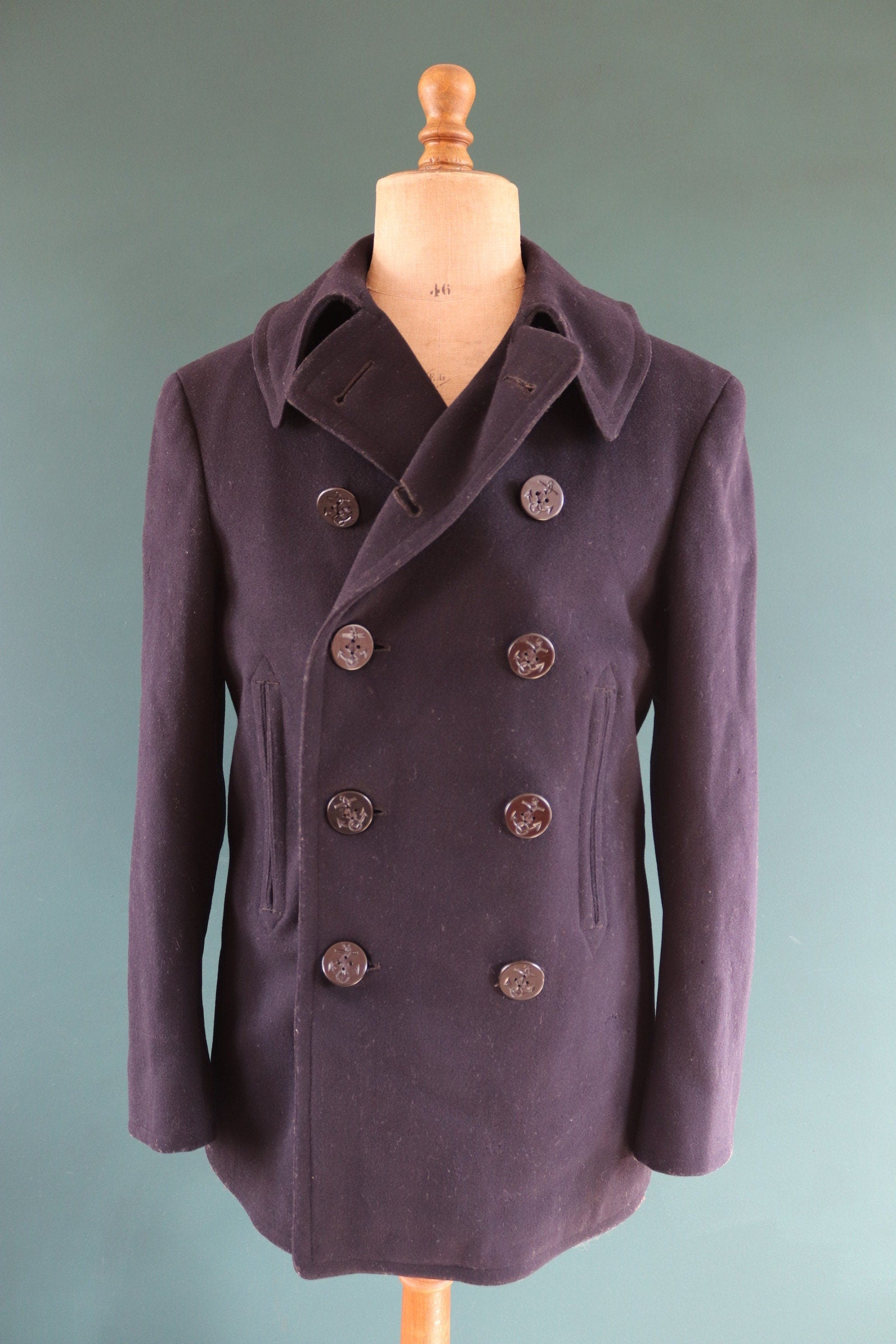 Vintage 1940s 40s WW2 midnight blue USN US navy naval wool pea deck coat jacket 39" chest military double breasted reefer