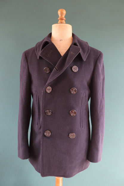 Vintage 1940s 40s WW2 midnight blue USN US navy naval wool pea deck coat jacket 39" chest military double breasted reefer