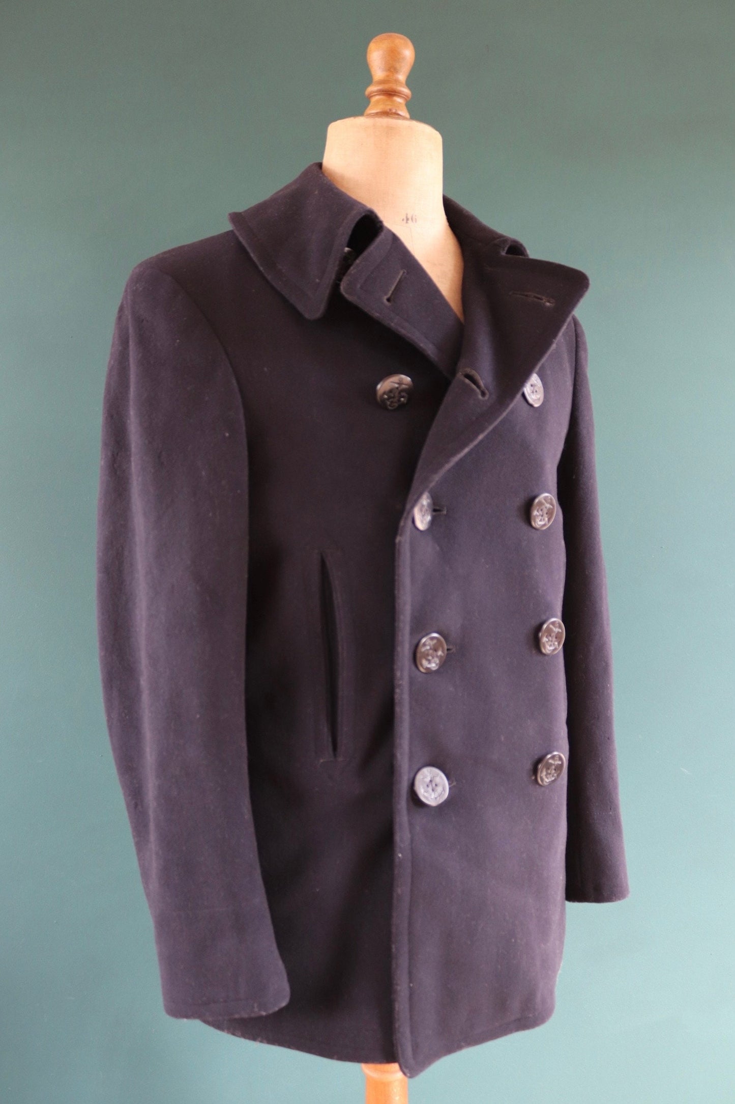 Vintage 1940s 40s WW2 midnight blue USN US navy naval wool pea deck coat jacket 39" chest military double breasted reefer