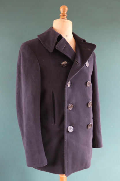 Vintage 1940s 40s WW2 midnight blue USN US navy naval wool pea deck coat jacket 39" chest military double breasted reefer