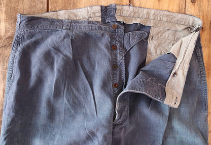 Vintage French workwear trousers pants indigo linen maquignon 1930s 1940s work chore 44” x 32”