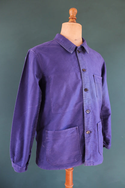 Vintage French blue chore jacket - 1950s moleskin workwear - Le Diable Rouge - 44” chest - faded bleu de travail