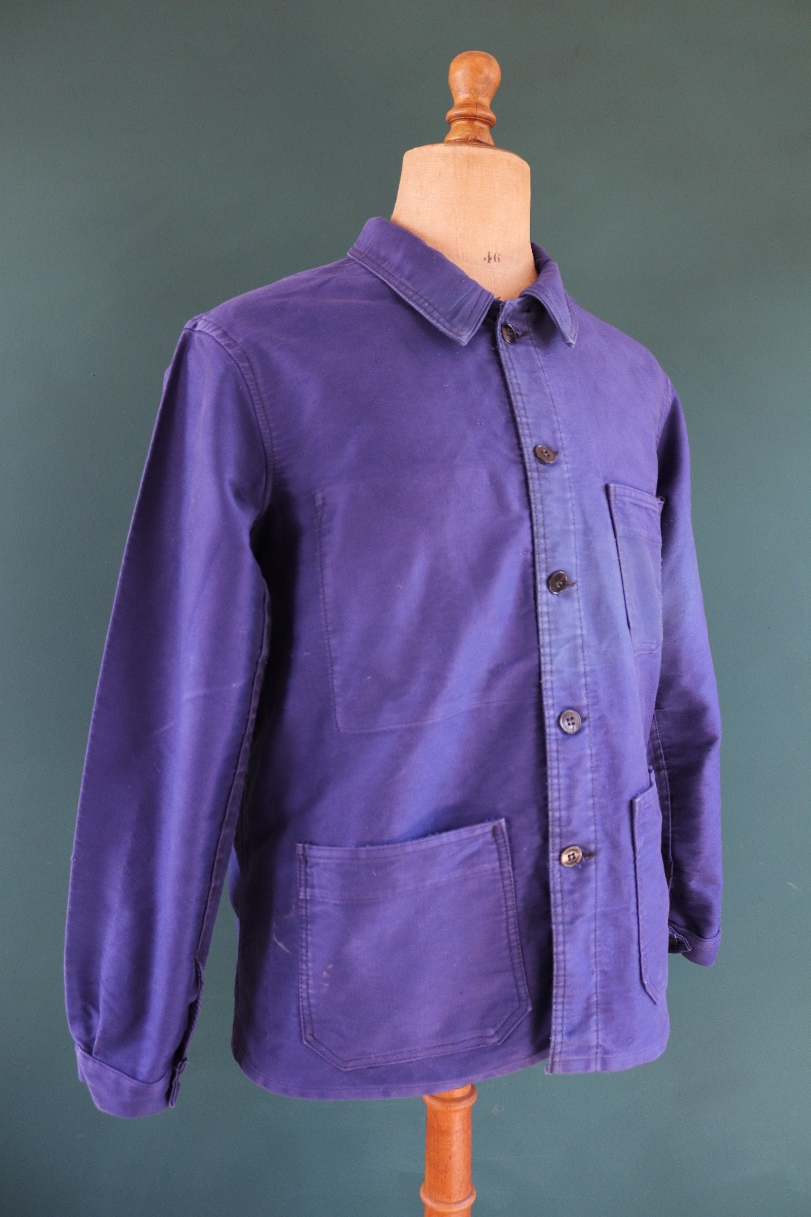 Vintage French blue chore jacket 1950s workwear Le Diable Rouge moleskin work faded 44” chest bleu de travail