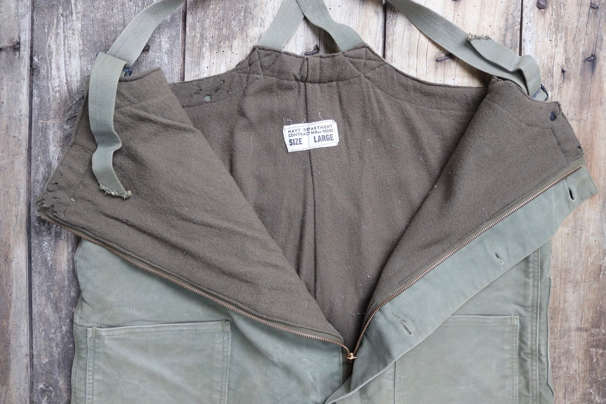 Vintage 1940s 40s WW2 era us navy USN NXSX khaki green insulated deck overalls dungarees bib brace 48” x 28” Talon zipper